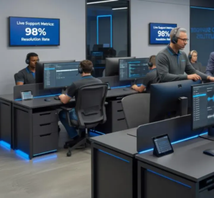 Zespół wsparcia klienta FALCON MAIN LIMITED przy stanowiskach obsługi