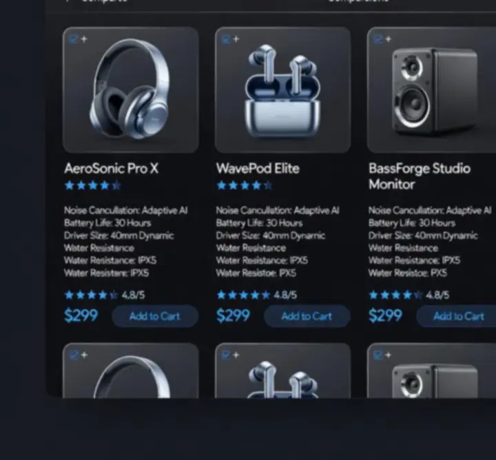 Interfejs porównania prezentujący szczegóły techniczne słuchawek Audio Pro HX900.