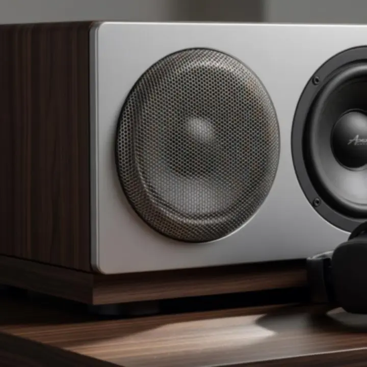 Detal obudowy sprzętu audio z widocznym materiałem i precyzyjnym wykończeniem