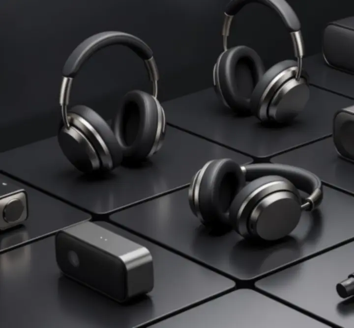 Panel prezentujący wyróżnione produkty audio: słuchawki, głośniki i akcesoria