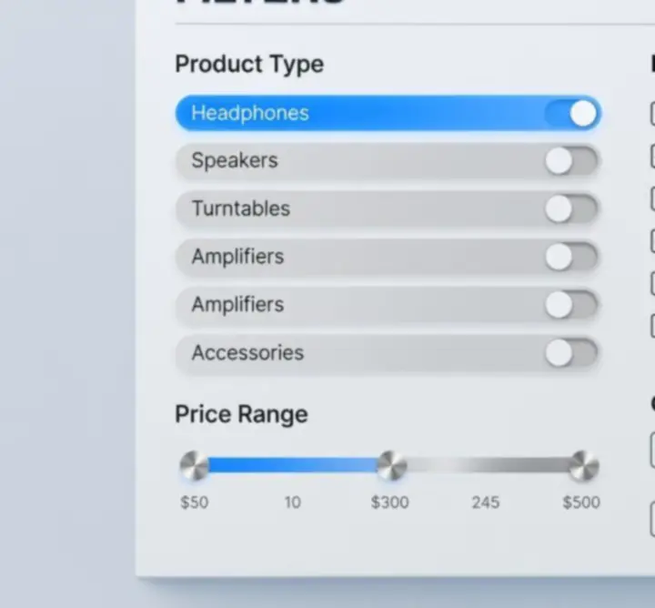 Interfejs filtrów produktów na stronie sklepu FALCON MAIN LIMITED