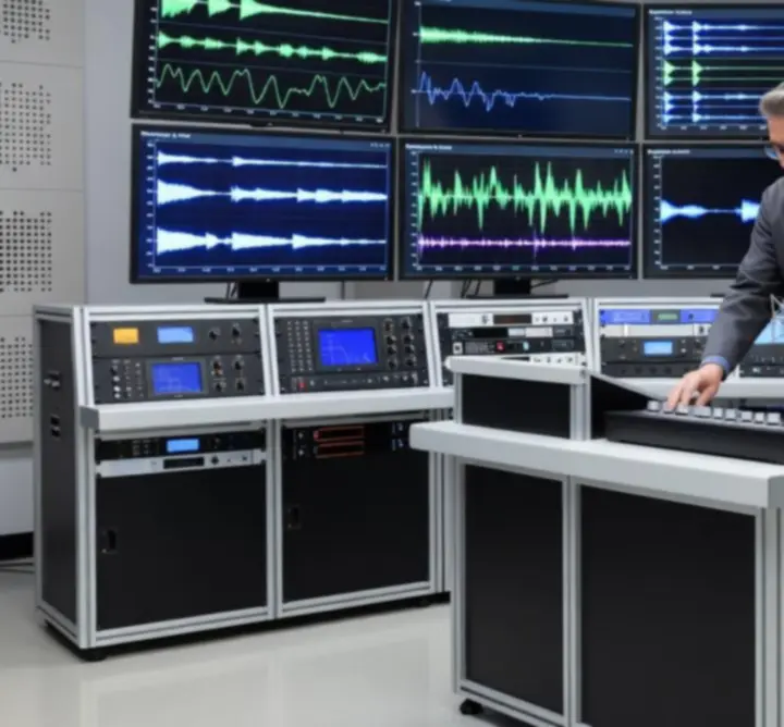 Laboratorium audio z analizą fal dźwiękowych na ekranach pomiarowych