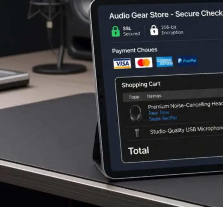 Widok bezpiecznego procesu płatności online z logotypami popularnych metod płatności