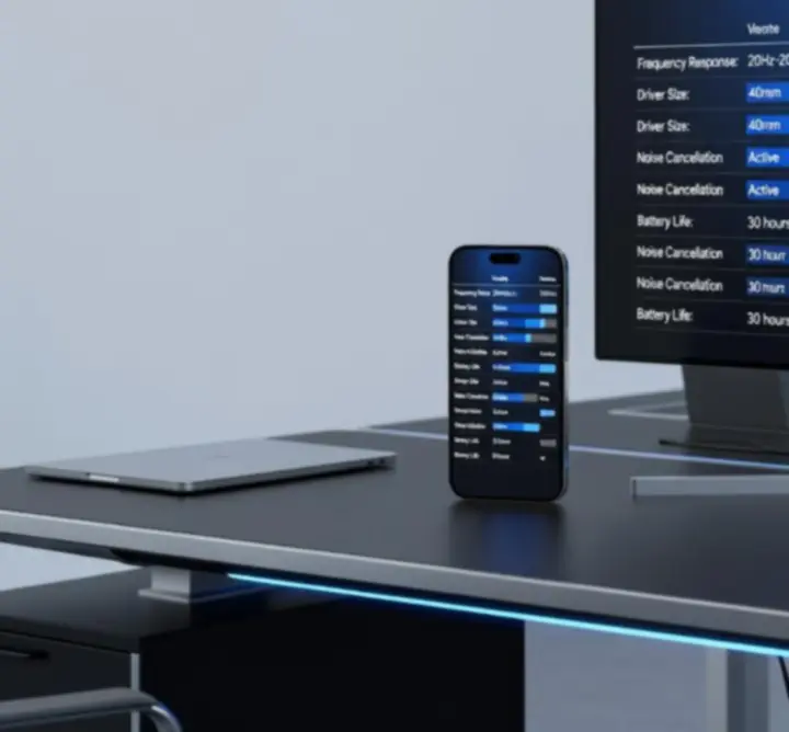 Zbliżenie na ekran z tabelą porównawczą parametrów sprzętu audio