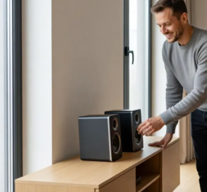 Użytkownik słuchający muzyki w salonie z ustawionymi głośnikami