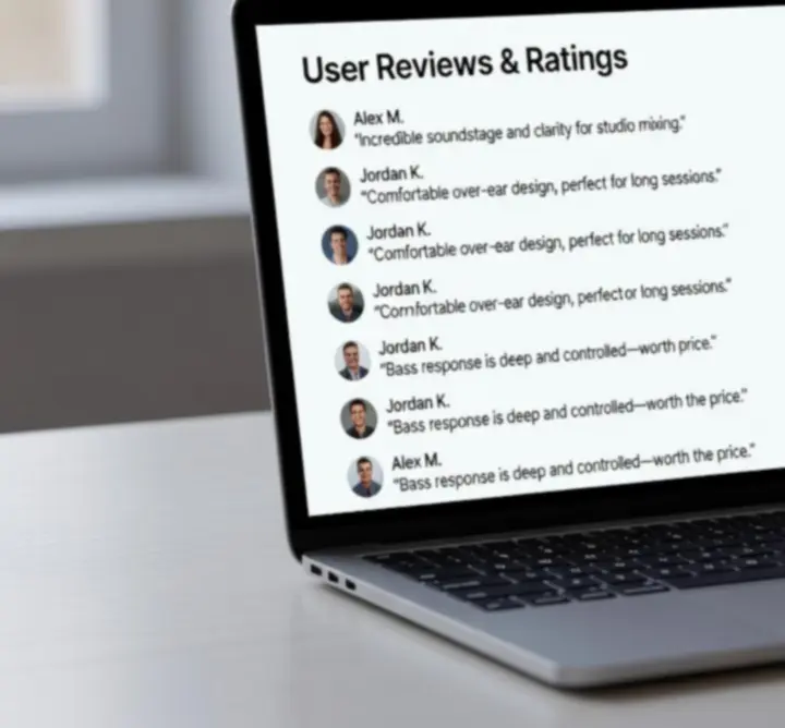 Panel prezentujący oceny gwiazdkowe i recenzje użytkowników produktów audio