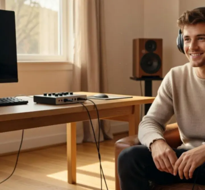 Zdjęcie użytkownika prezentującego słuchawki audio w warunkach domowych